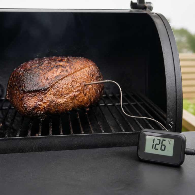 Kabelsonde eines Fleischthermometers in einem Braten auf dem Grill