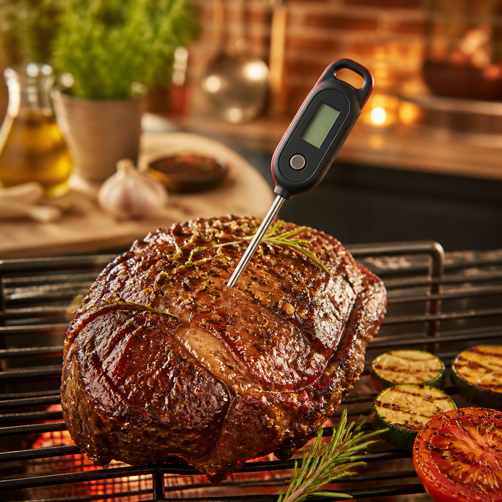 Digitales Fleischthermometer mit Sonde in einem Braten auf dem Grill