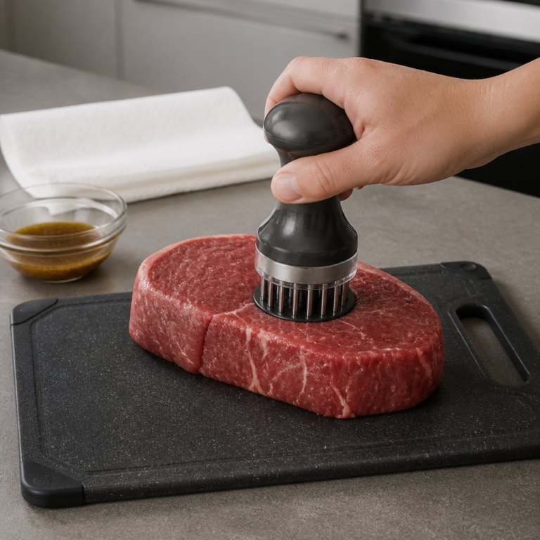 Kontrollierte Anwendung eines Fleischzartmachers auf einem Steak