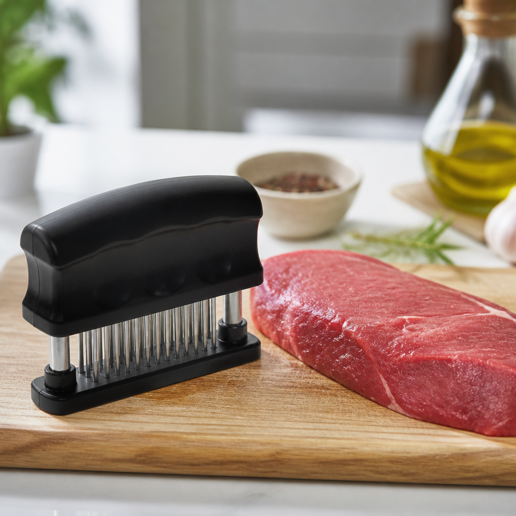Fleischzartmacher mit Edelstahl-Nadeln neben einem vorbereiteten Steak