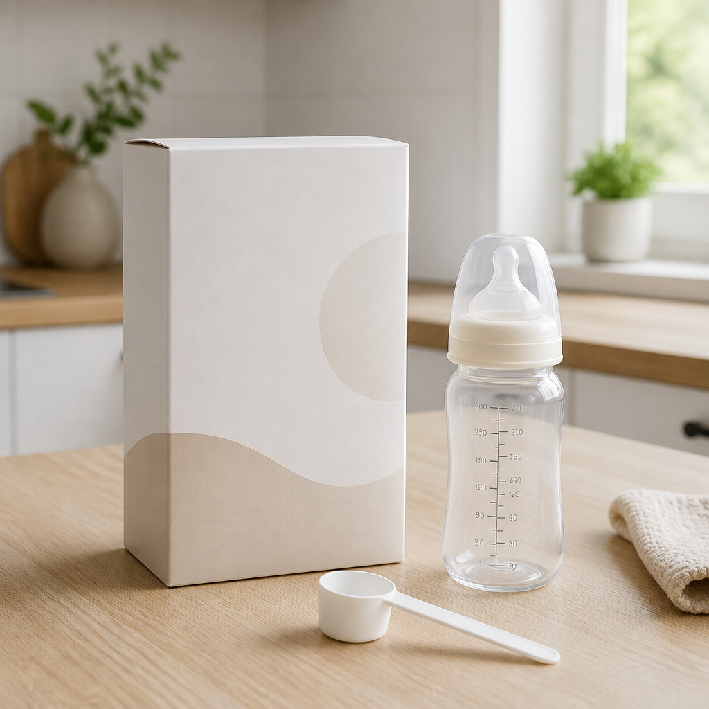 Neutrale Packung Säuglingsnahrung mit Messlöffel und Babyfläschchen auf einer hellen Küchenfläche