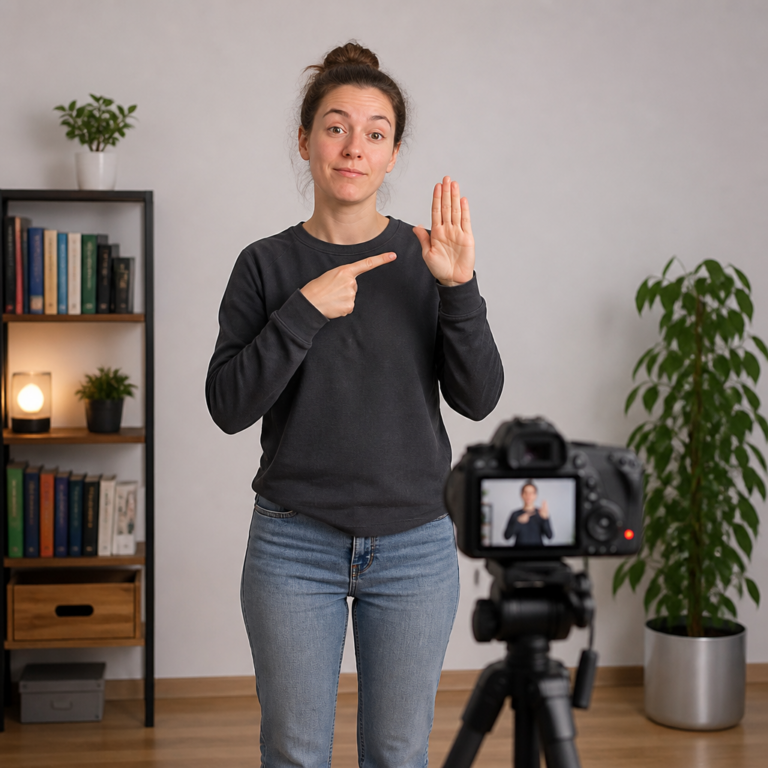 Person u00fcbt Gebu00e4rden mit sichtbaren Hu00e4nden und Gesicht vor einer Kamera
