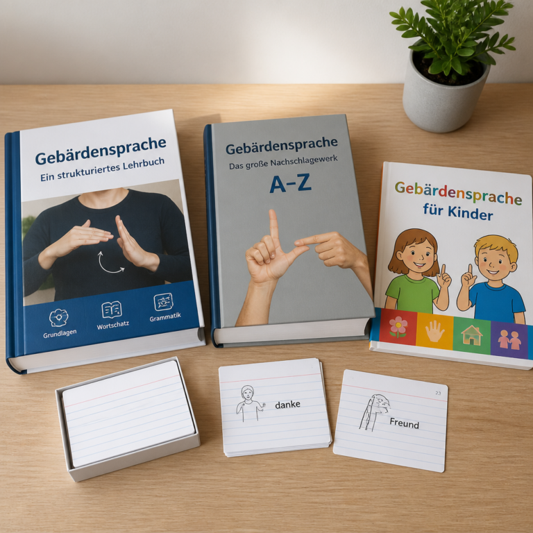 Verschiedene Bucharten zum Lernen der Gebu00e4rdensprache auf einem Tisch
