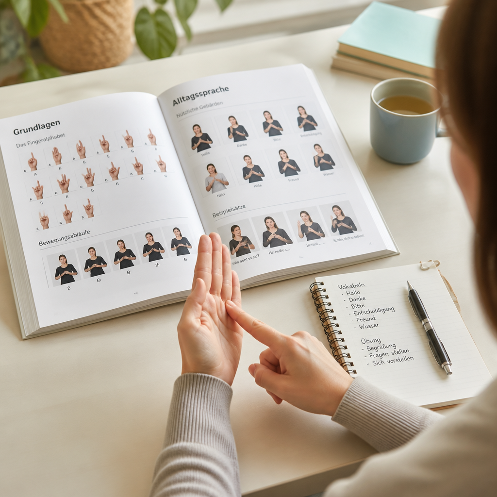 Geöffnetes Lernbuch mit Abbildungen zur Deutschen Gebärdensprache neben Notizen