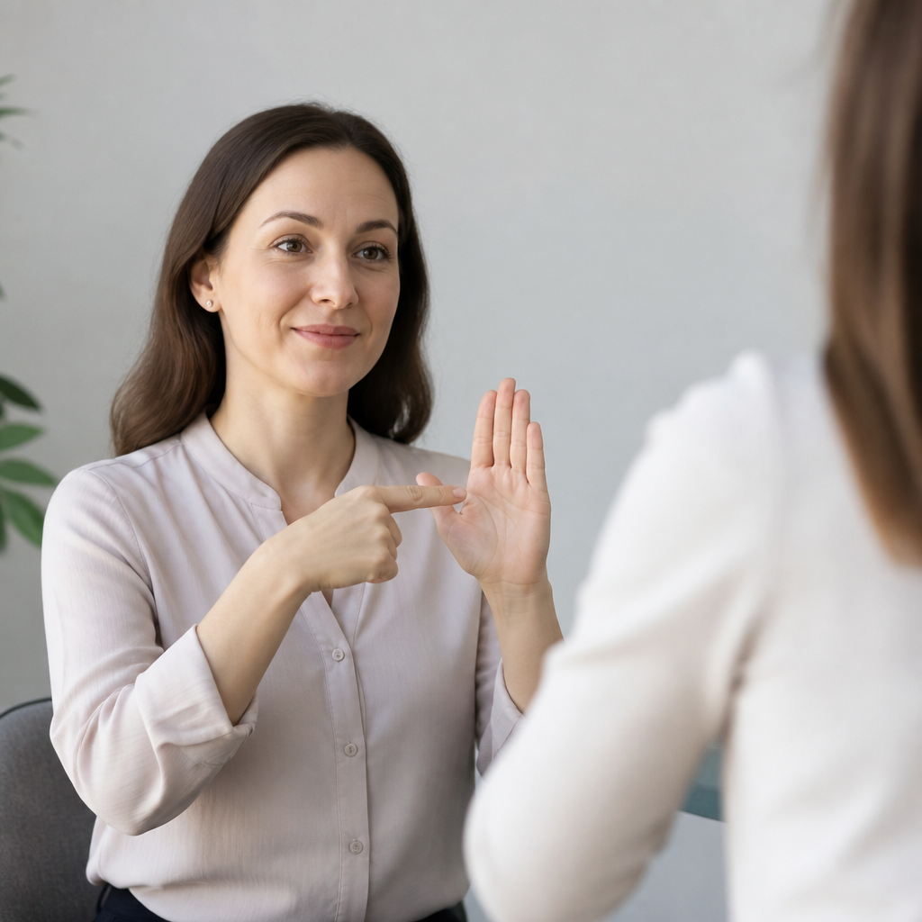 Person lernt Gebärdensprache mit sichtbaren Händen und aufmerksamem Gesichtsausdruck