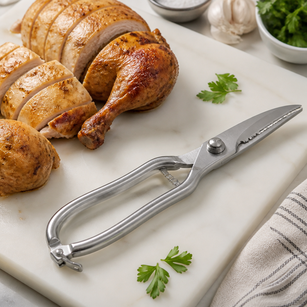 Robuste Geflügelschere auf einem hygienischen Küchenbrett neben portioniertem Geflügel