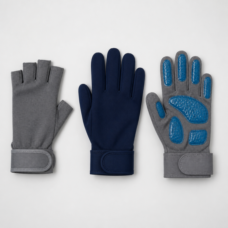 Vergleich von fingerlosen und geschlossenen Gel-Handschuhen mit unterschiedlichen Gelbereichen