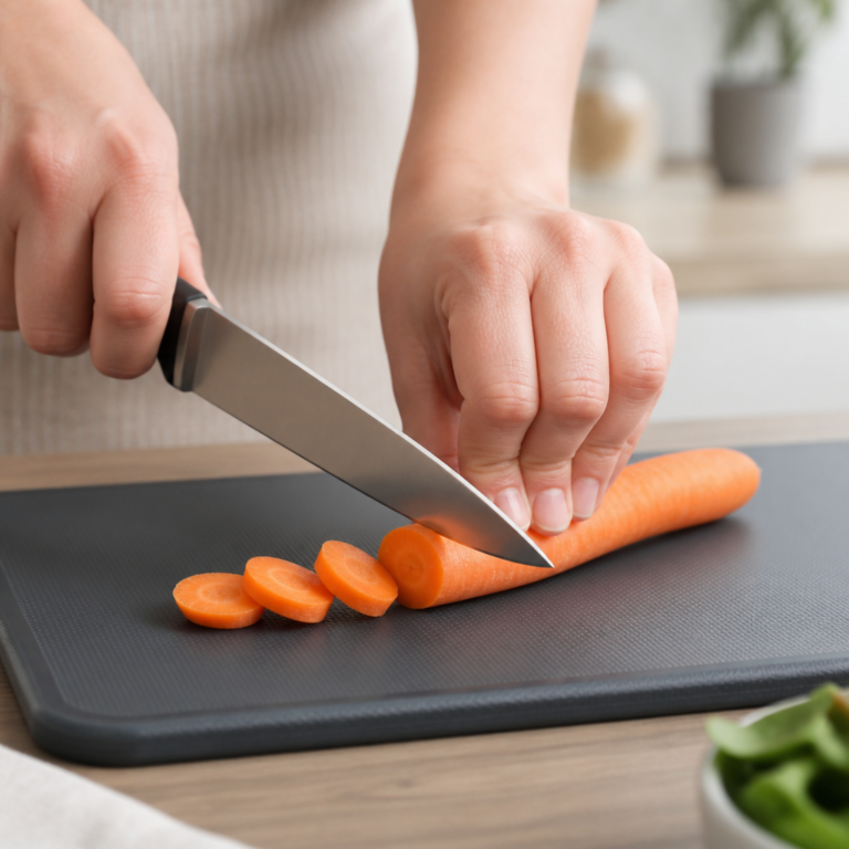 Sichere Handhaltung beim Schneiden von Gemu00fcse mit einem kleinen Ku00fcchenmesser