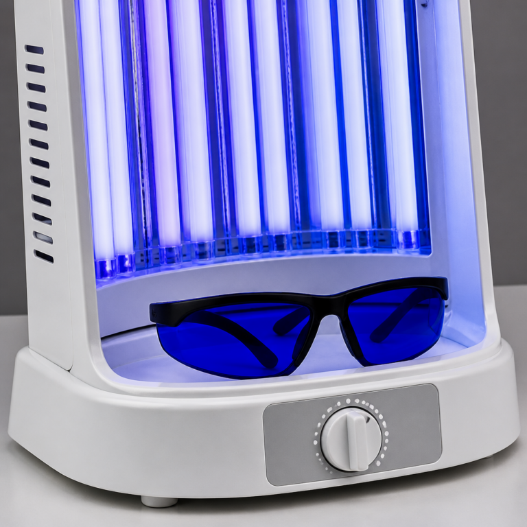 Schutzbrille und Timer neben einem Gesichtsbru00e4uner