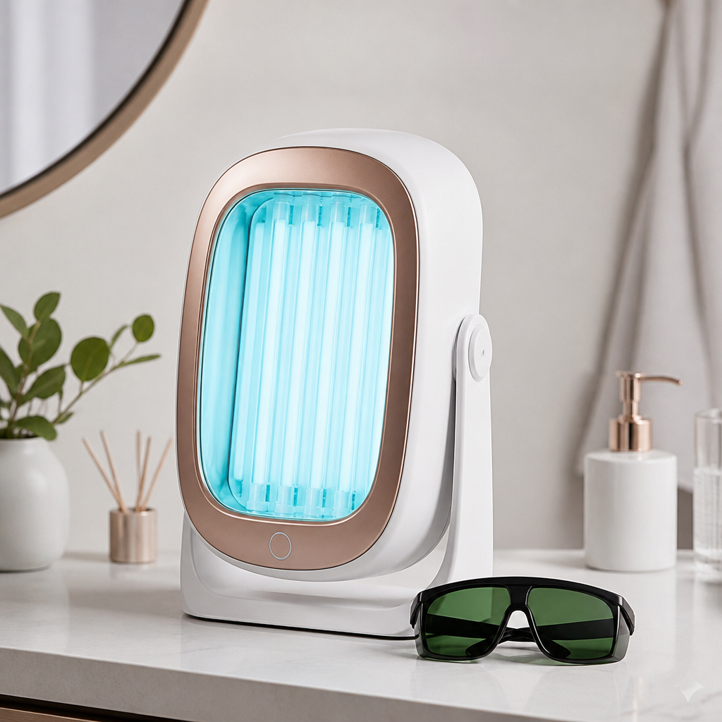Kompakter Gesichtsbräuner mit Schutzbrille auf einem hellen Tisch