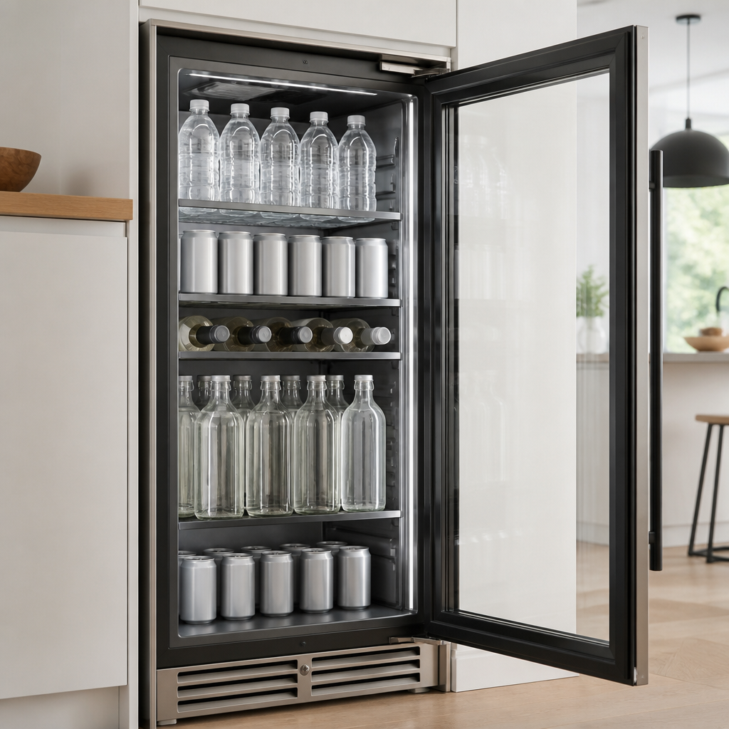 Getränkekühlschrank mit Glasfront und übersichtlich sortierten Flaschen und Dosen