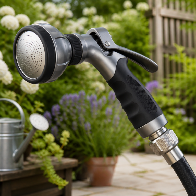 Detailansicht von Griff, Wasserhebel und Brausekopf eines Gieu00dfstabs