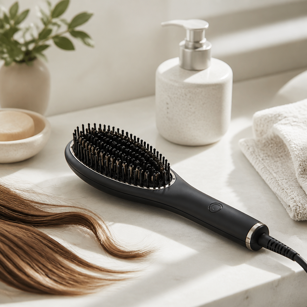 Glättbürste neben einer geglätteten Haarsträhne auf einer hellen Badezimmerfläche