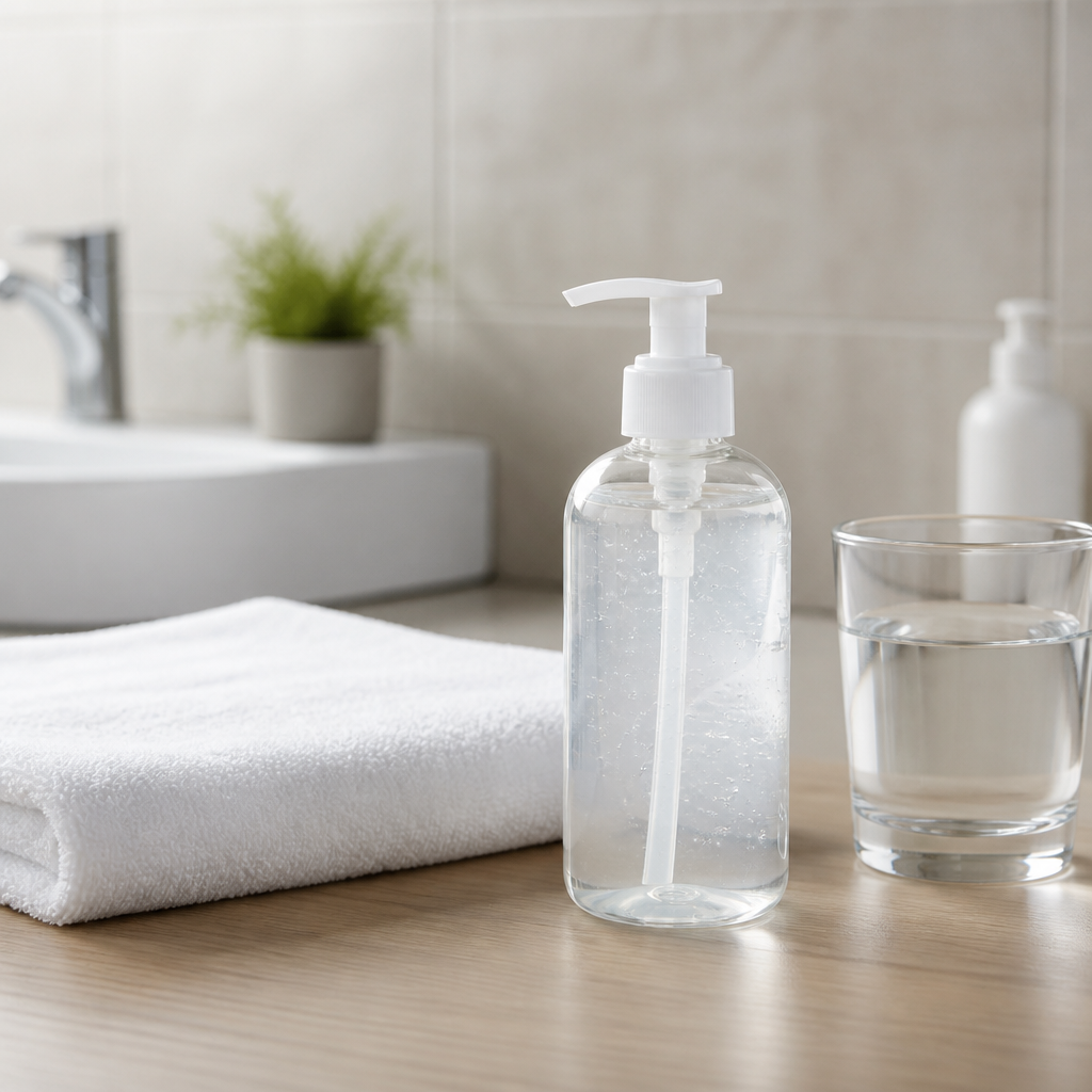 Neutraler Gleitgel-Spender neben Handtuch und Glas Wasser