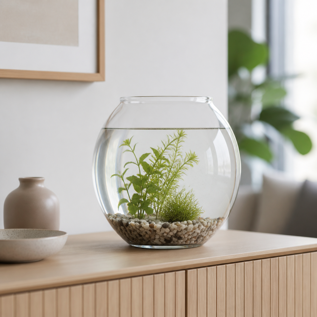Rundes Goldfischglas als dekoratives Pflanzengefäß auf einem Sideboard