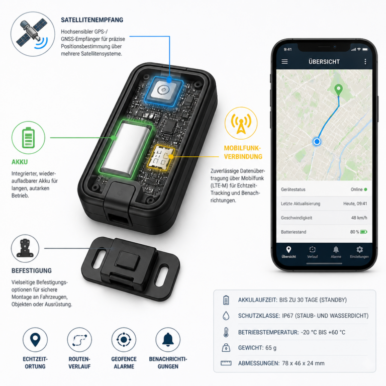Technische Bestandteile eines GPS-Trackers mit Akku und Funkverbindung