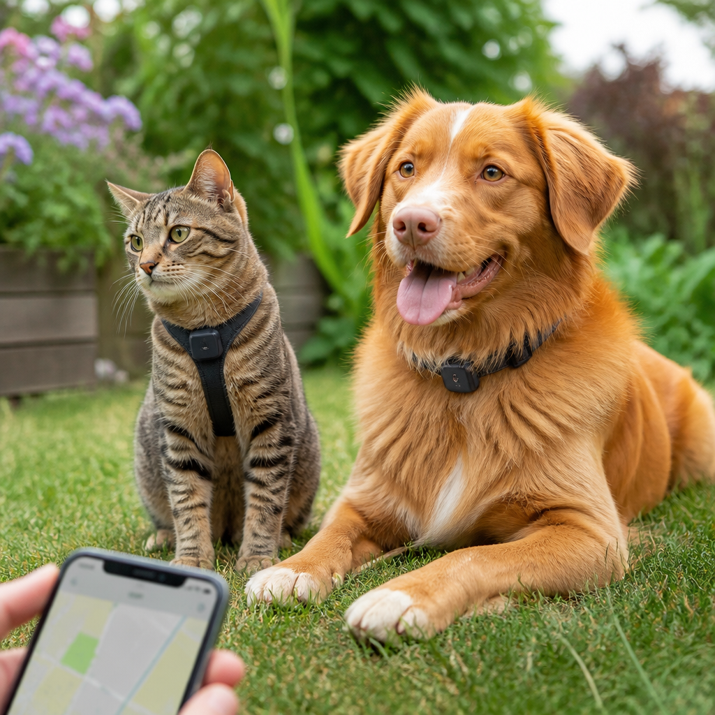 Hund und Katze mit dezent befestigten Ortungsgeräten neben einem Smartphone
