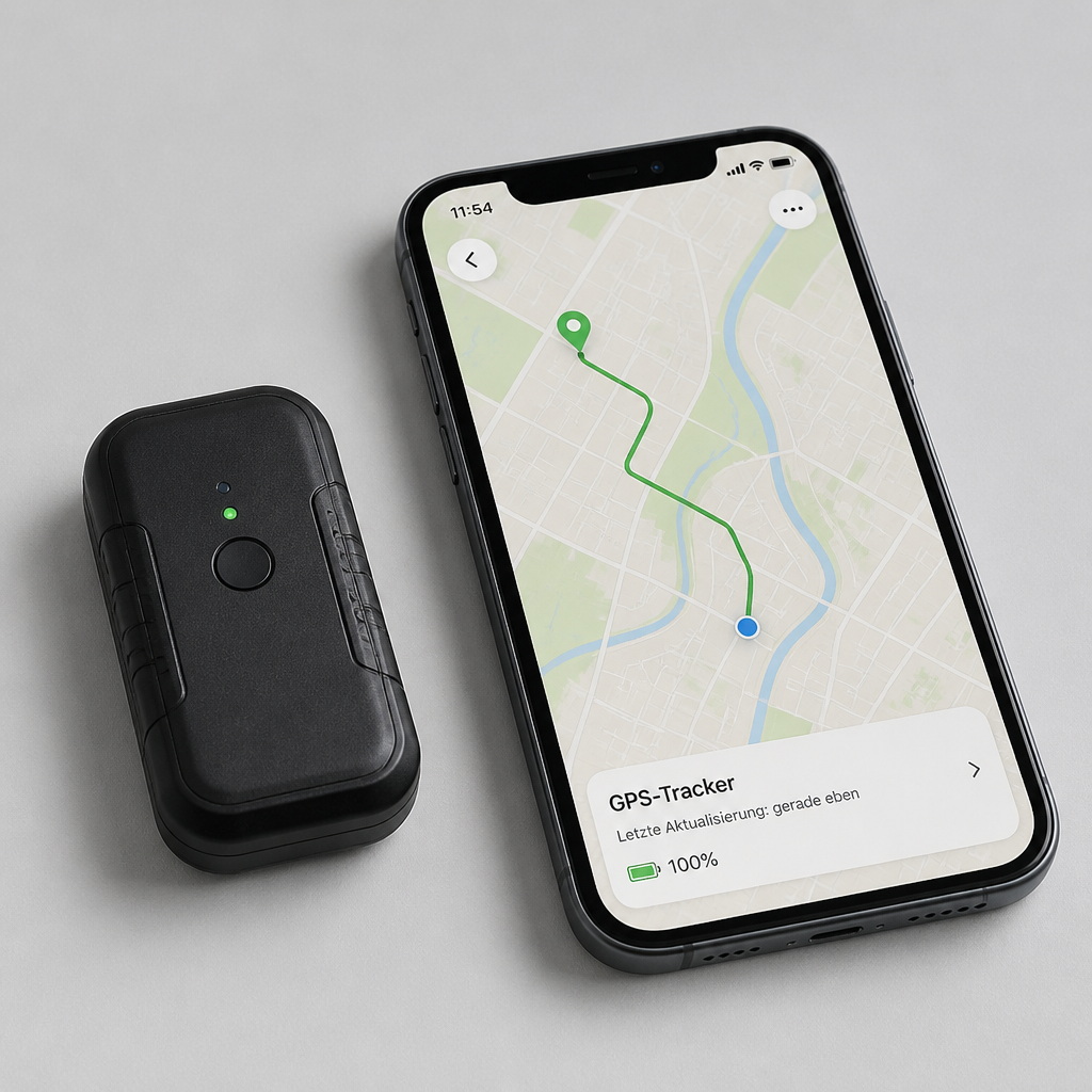 Kompakter GPS-Tracker neben einem Smartphone mit Kartenansicht