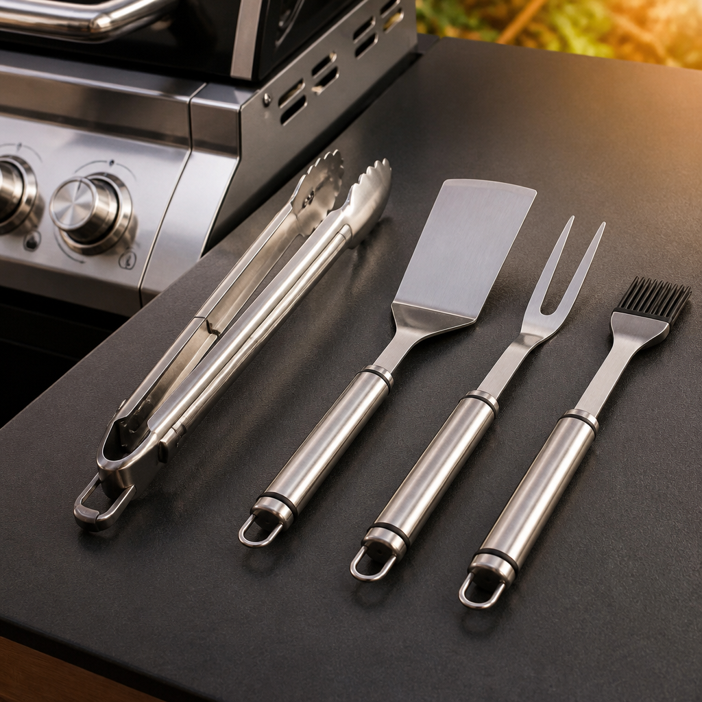 Grillbesteck mit Zange, Wender, Gabel und Pinsel neben einem Grill