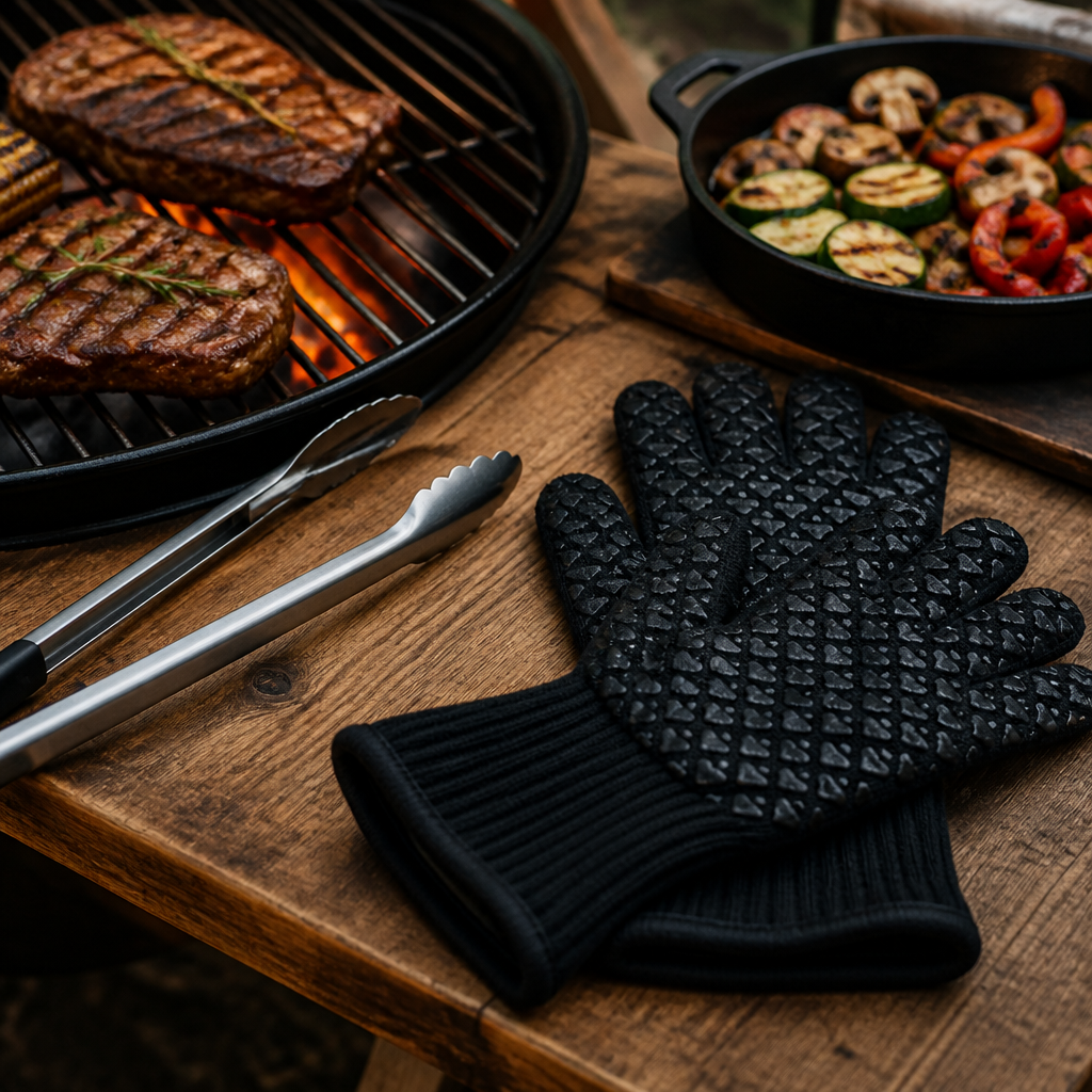 Hitzebeständige Grillhandschuhe neben Grillrost und Grillzange