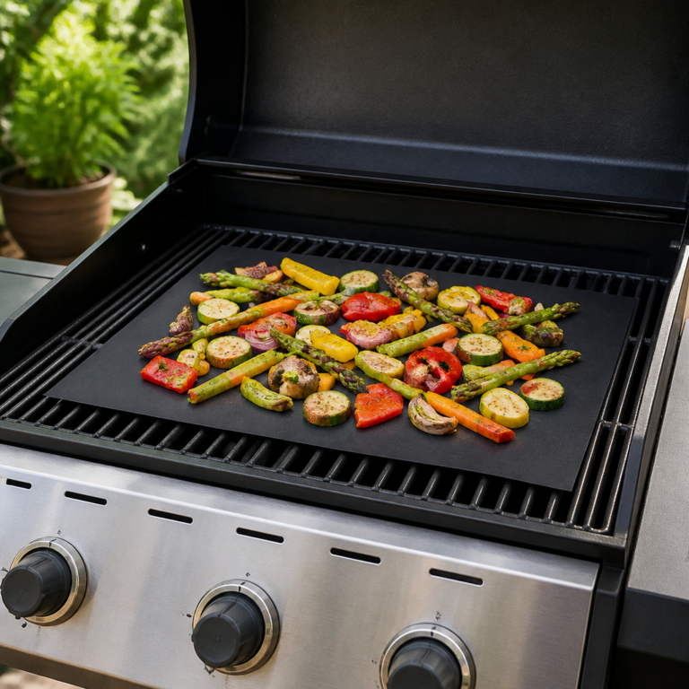 Richtig auf einem Grillrost positionierte Grillmatte mit Gemu00fcse