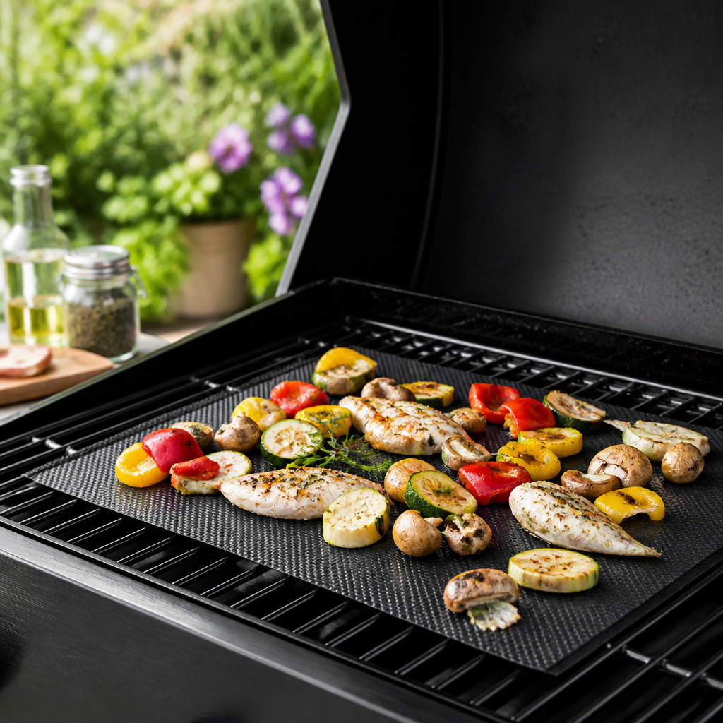 Schwarze Grillmatte auf einem Grillrost mit Gemüse und kleinen Fischstücken