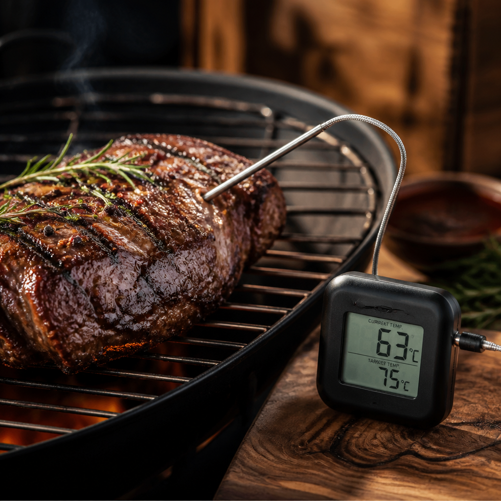 Digitales Grillthermometer mit Edelstahlsonde neben einem Grillrost und Grillgut