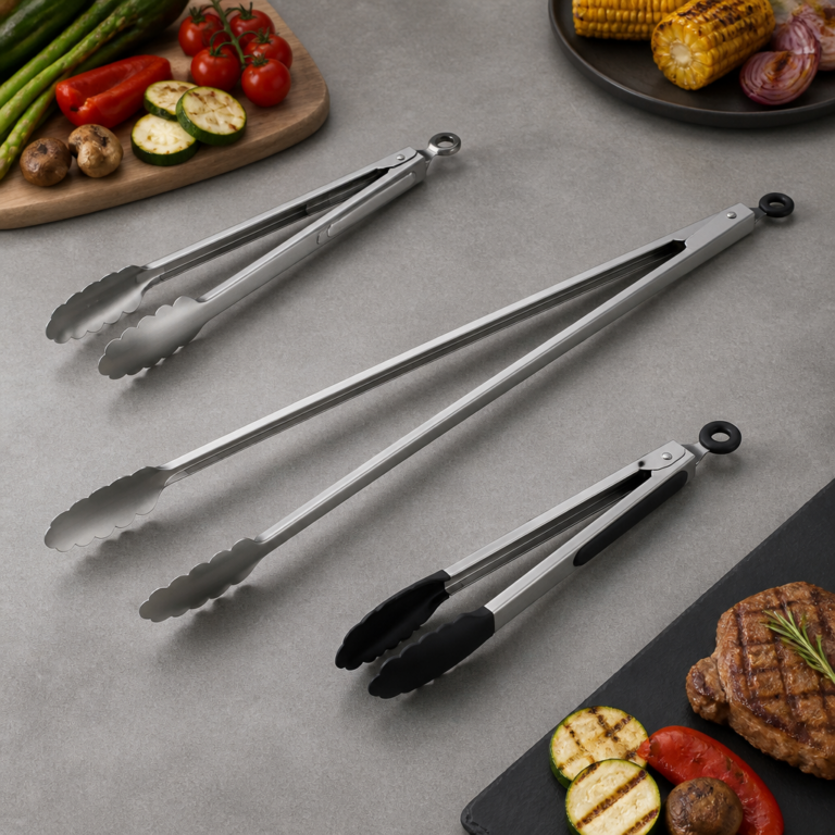Verschiedene Grillzangen mit unterschiedlichen Greifflu00e4chen und Lu00e4ngen