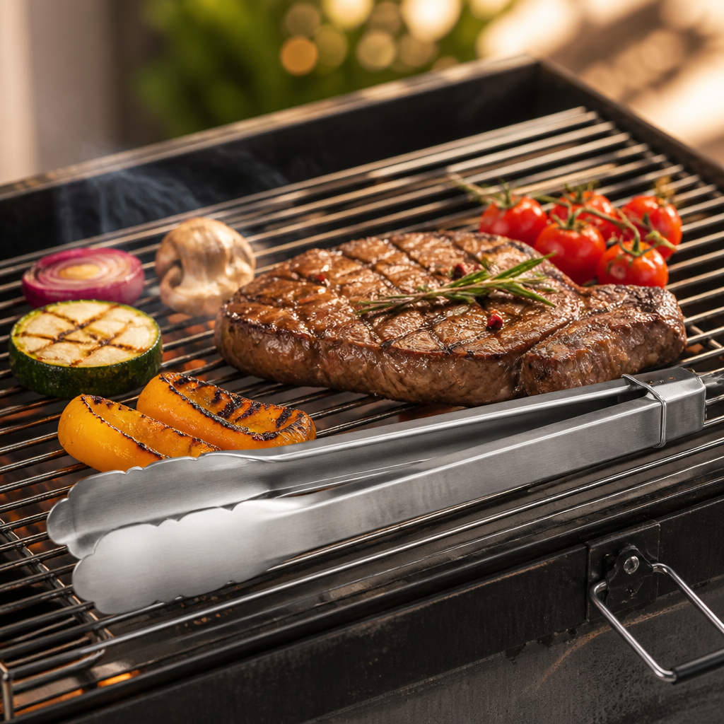 Edelstahl-Grillzange auf einem heißen Grillrost neben Gemüse und Steak