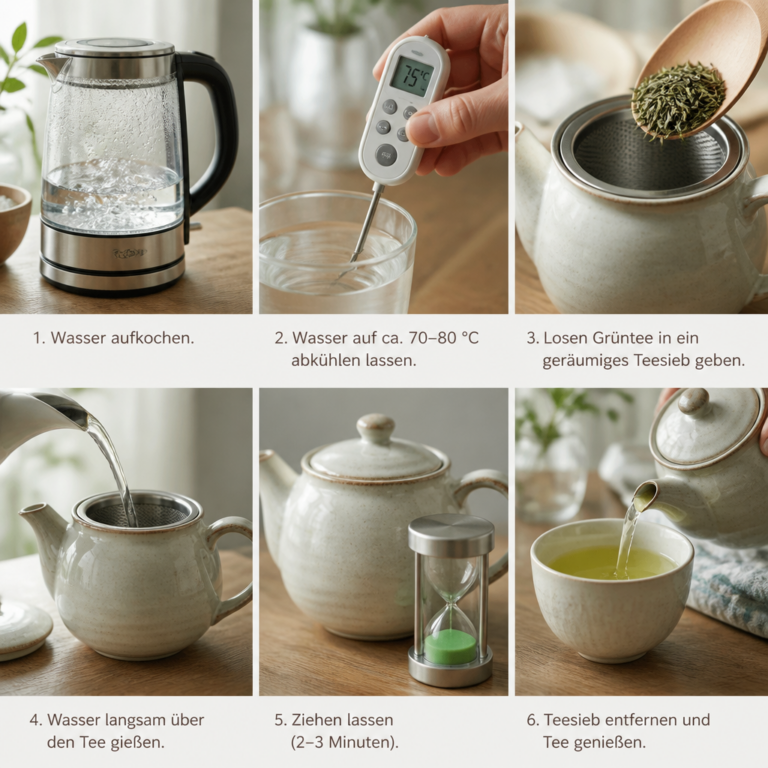 Zubereitung von Gru00fcntee mit Wasserkocher, Thermometer und Teesieb