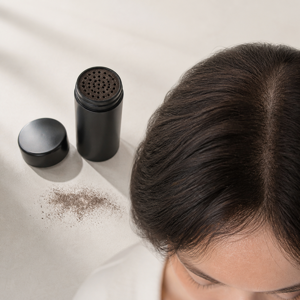 Haarauffüller mit feinen Fasern neben natürlich gestyltem Haar