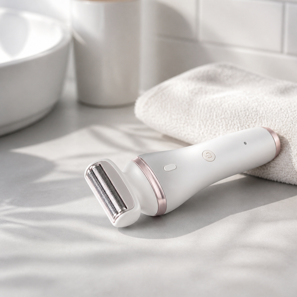 Moderner elektrischer Haarentferner mit Scherkopf im hellen Badezimmer