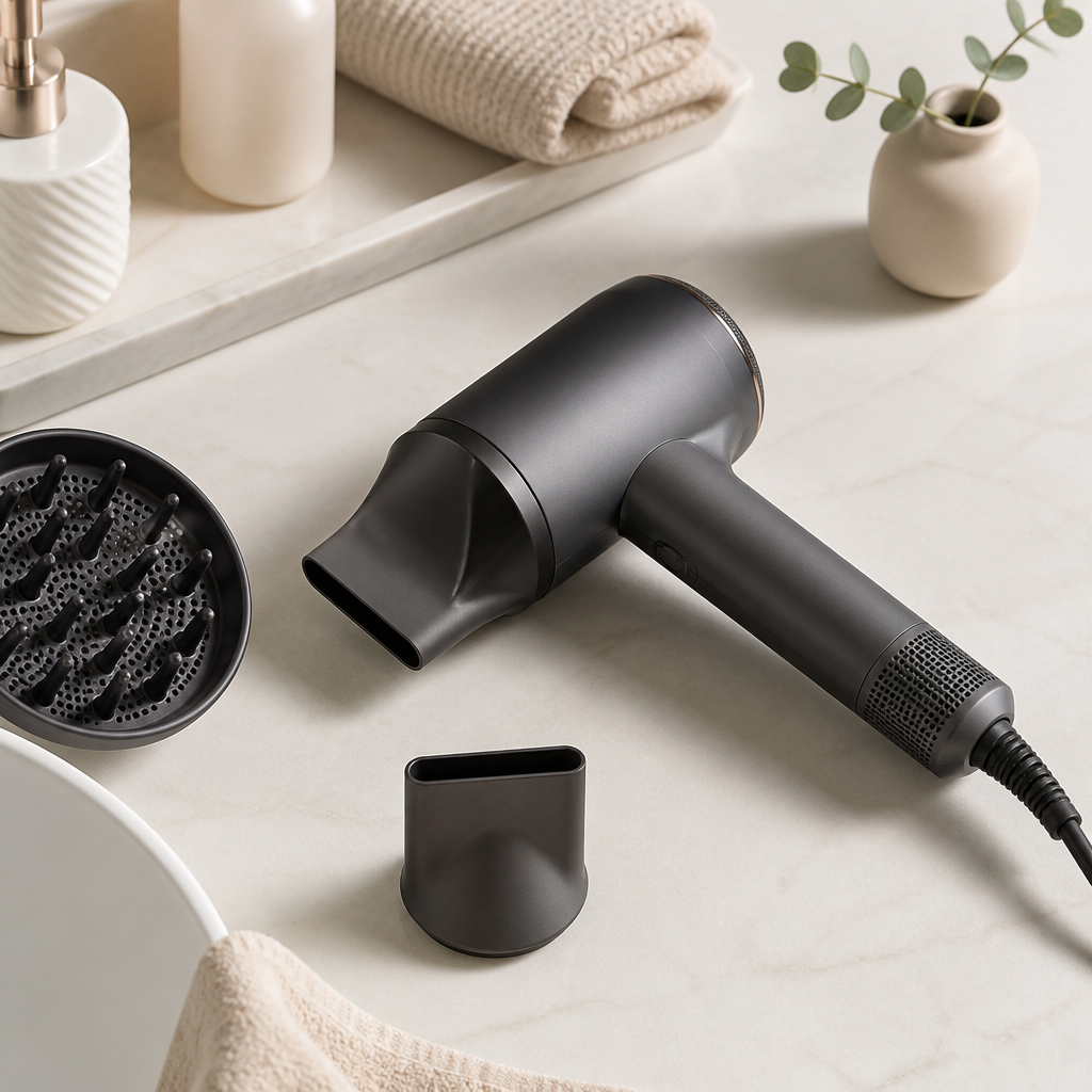 Moderner Haartrockner mit Präzisionsdüse und Diffusor im hellen Badezimmer