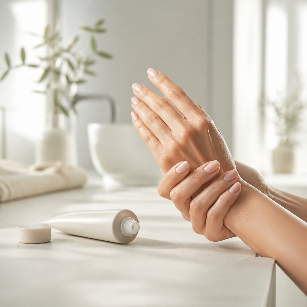 Neutrale Tube Handcreme neben gepflegten Händen in heller Umgebung