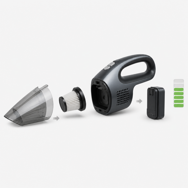Filter, Staubbehu00e4lter und Akku eines Handstaubsaugers