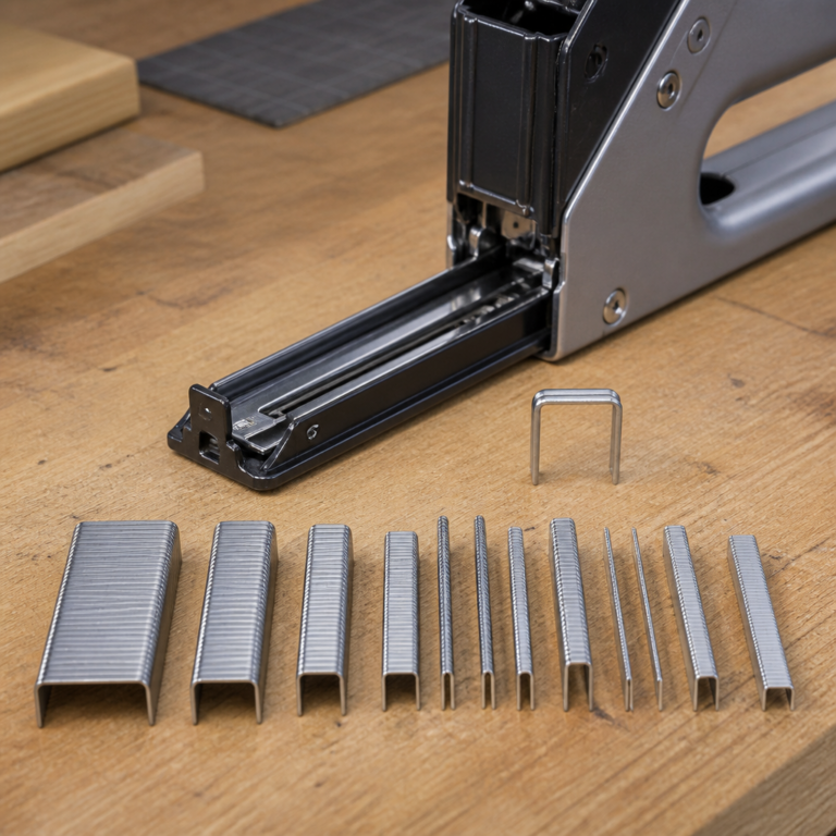 Verschiedene Klammern neben dem Magazin eines Handtackers