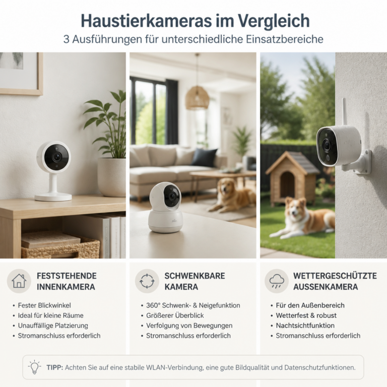 Verschiedene Bauarten von Haustierkameras fu00fcr Innen- und Auu00dfenbereiche