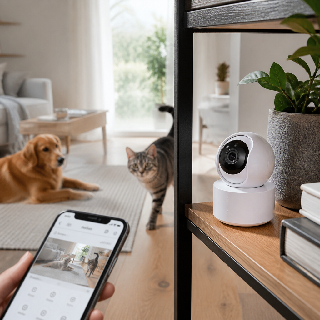 Haustierkamera beobachtet Hund und Katze im Wohnzimmer