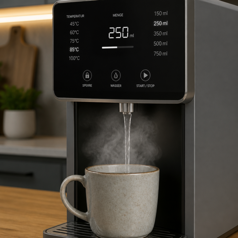 Portionierte Heiu00dfwasserausgabe mit Temperatur- und Mengenauswahl