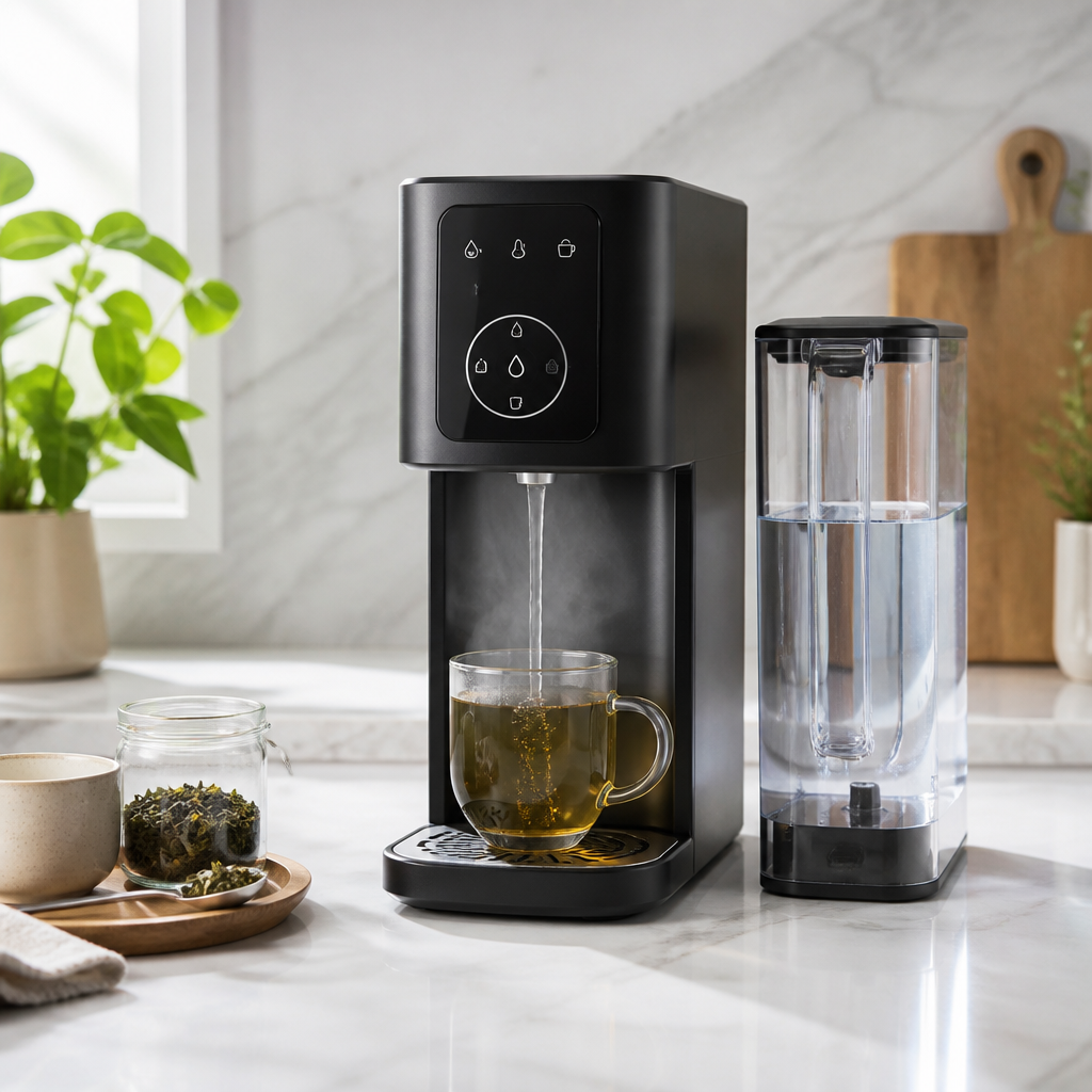 Heißwasserspender mit Tasse und Bedienfeld auf einer Küchenarbeitsplatte