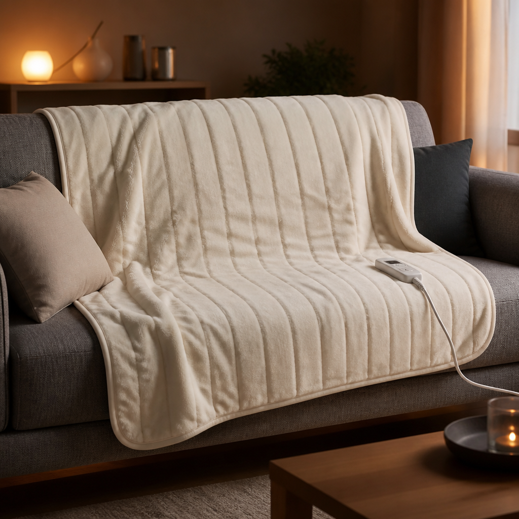 Weiche elektrische Heizdecke auf einem Sofa mit sichtbarer Bedieneinheit