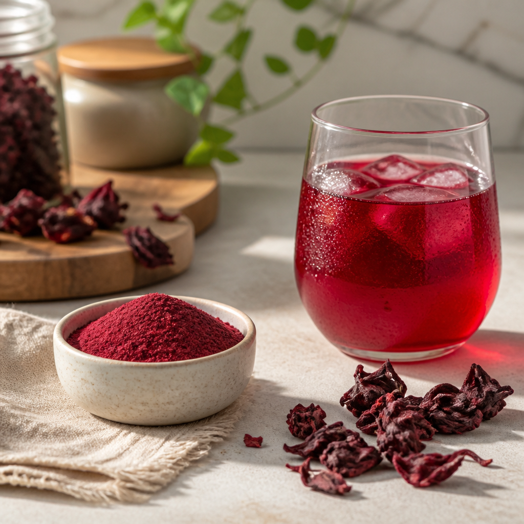 Hibiskuspulver in einer Schale neben getrockneten Hibiskuskelchen und einem roten Getränk