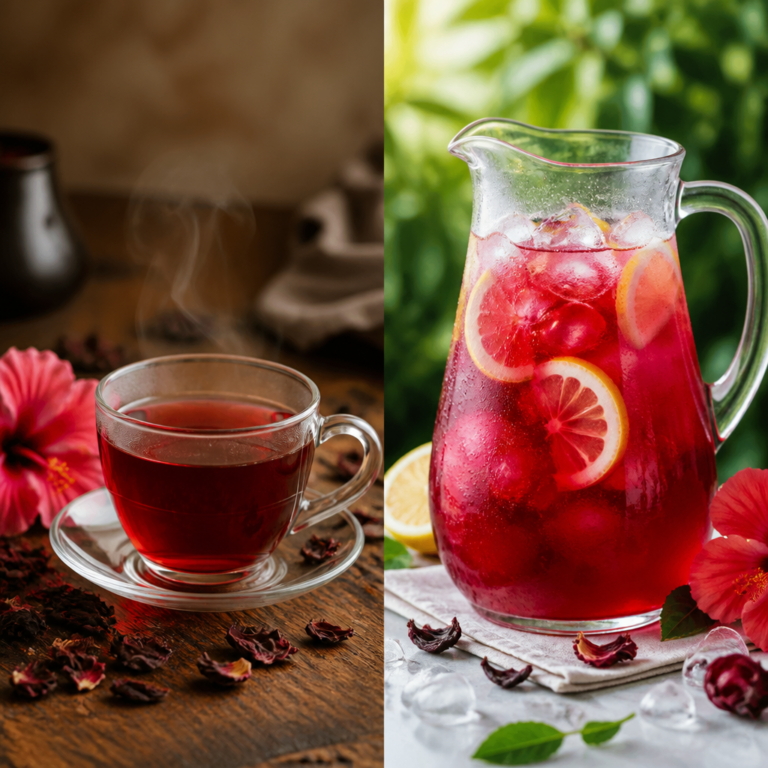 Heiu00dfer Hibiskustee und geku00fchlter Hibiskus-Eistee nebeneinander