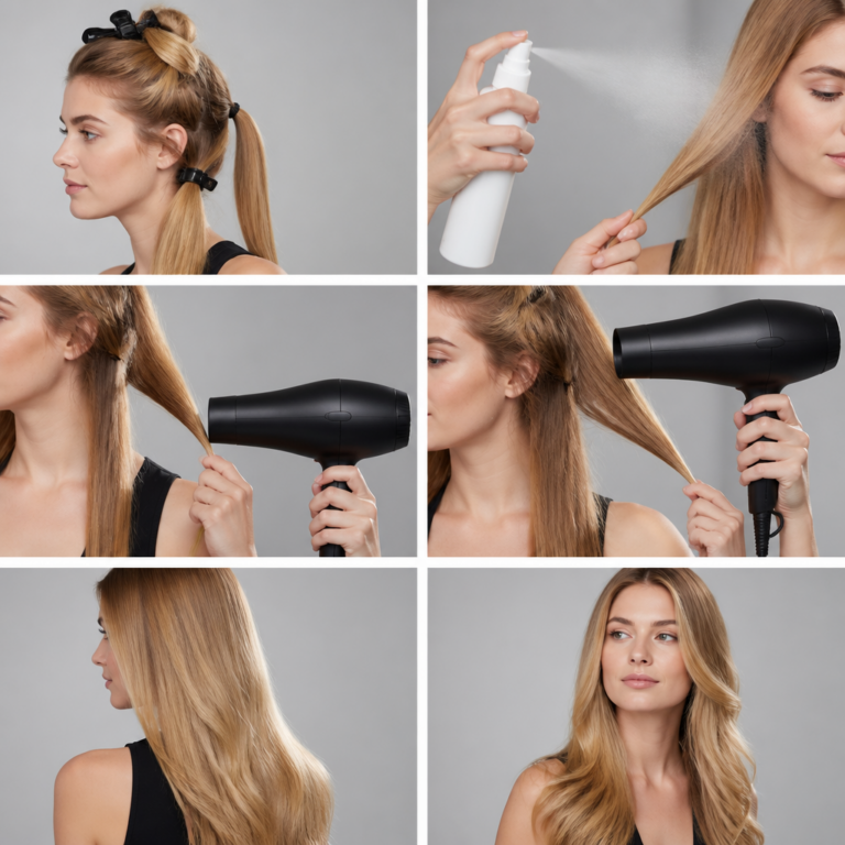Hitzeschutzspray wird mit Abstand auf abgeteilte Haarlu00e4ngen aufgetragen