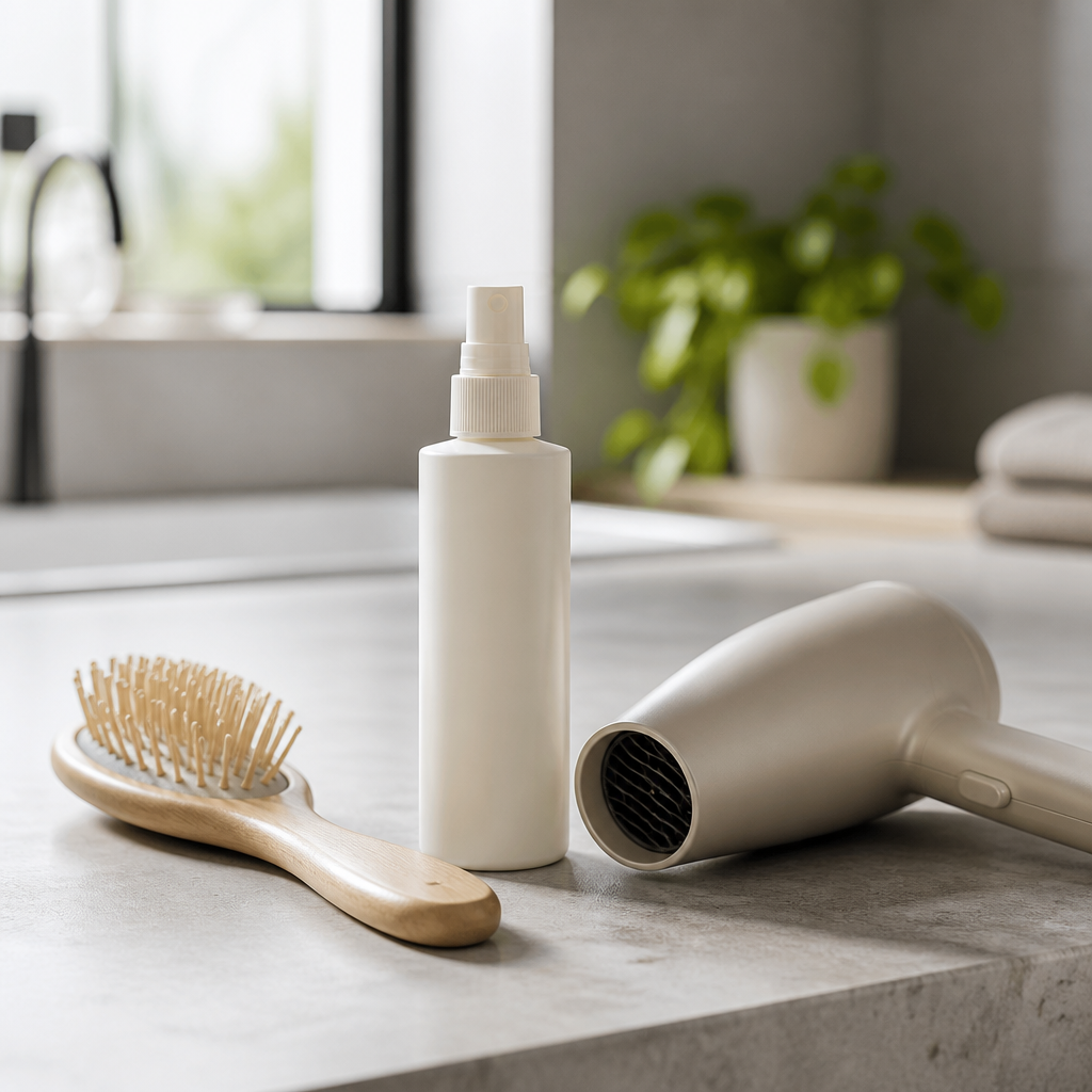 Neutrale Flasche mit Hitzeschutzspray neben Haarbürste und Föhn