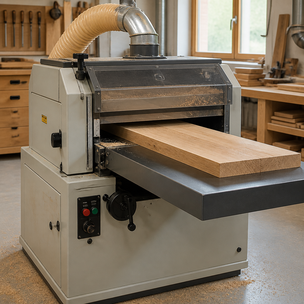 Stationäre Hobelmaschine bei der Bearbeitung eines Holzbretts in einer Werkstatt