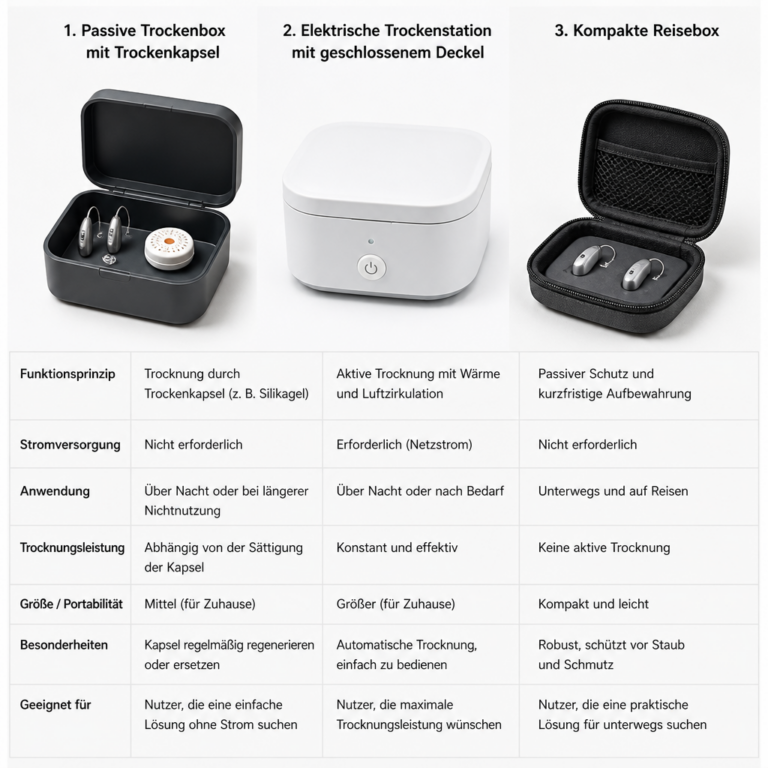 Vergleich von passiver Trockenbox, elektrischer Trockenstation und Reisebox