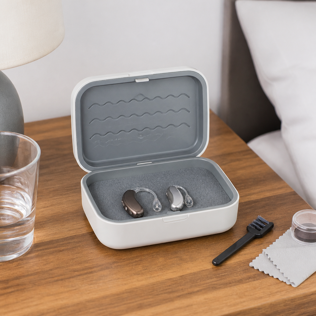 Geöffnete Trockenbox mit zwei Hörgeräten und Pflegezubehör auf einem Nachttisch