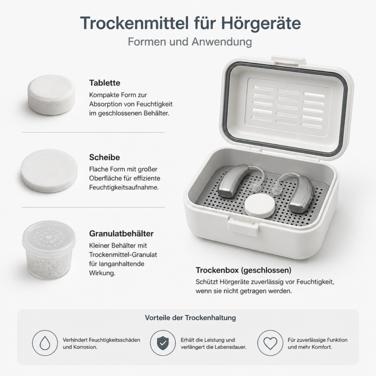 Verschiedene Formen von Trockenmitteln fu00fcr die Hu00f6rgeru00e4tepflege