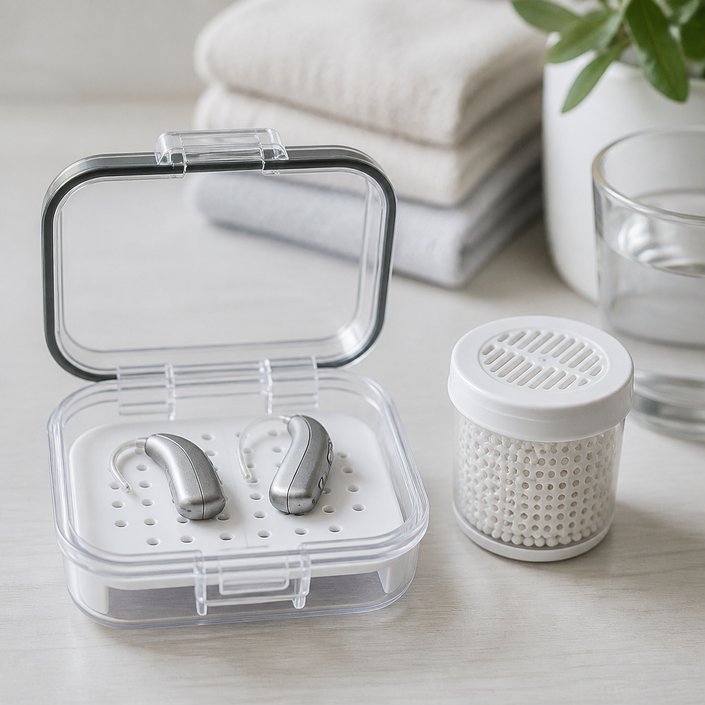 Geöffnete Trockenbox mit Hörgeräten und separater Trockenkapsel